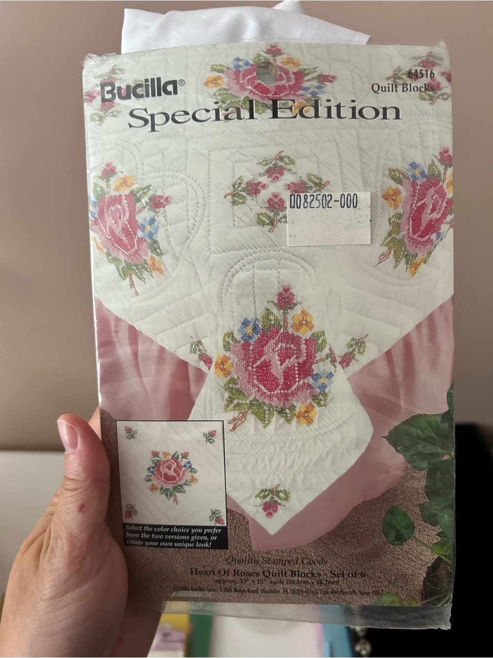 4/$100 Bucilla Special Edition Heart of Roses Quilt Blocks - White and Pink